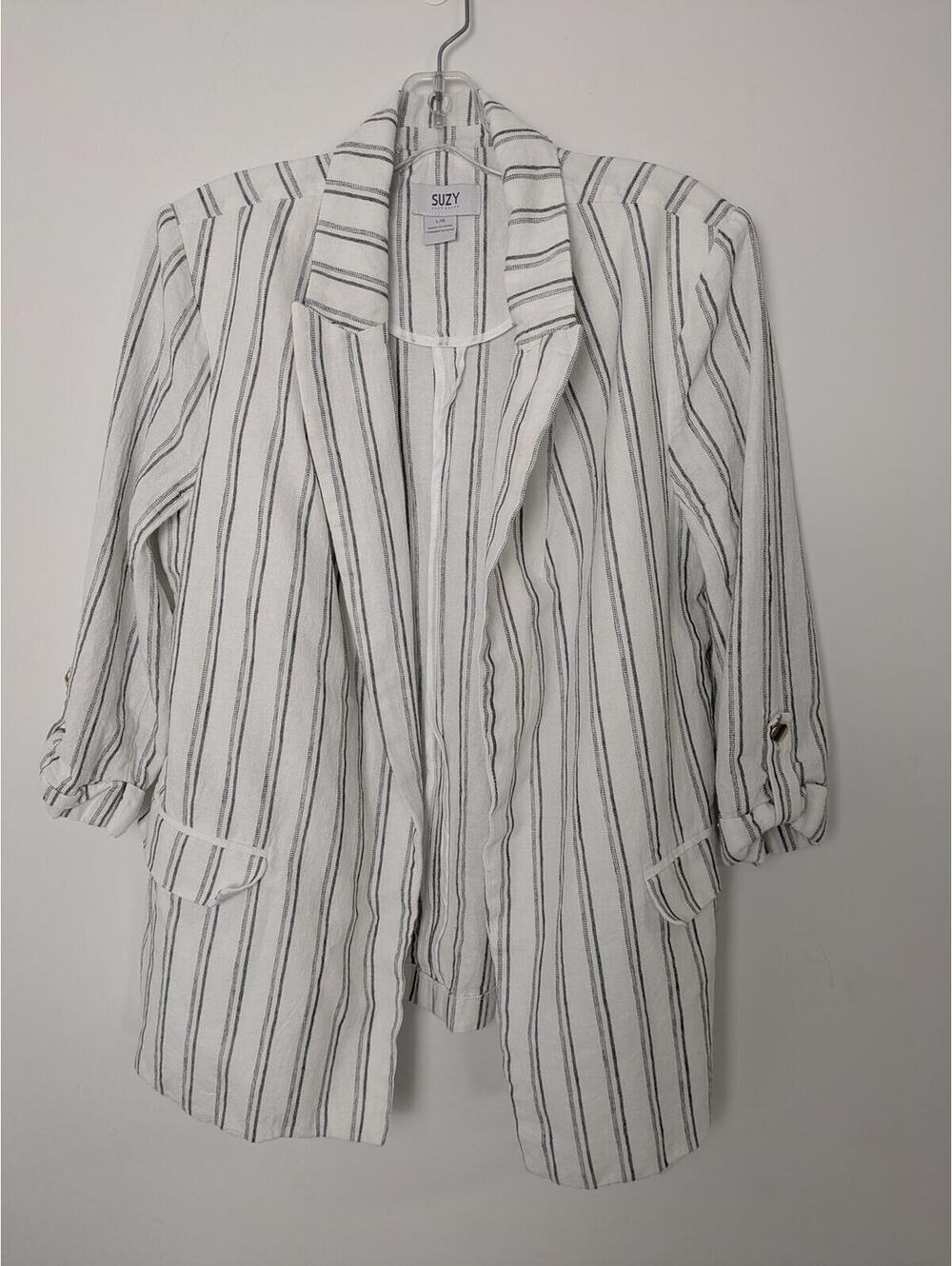 Suzy Shier Women’s White Striped Linen Blend Blazer Large